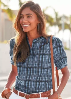 Vivance Short Sleeve Checked Blouse -Modish Dress Up Vivance Short Sleeve Checked Blouse21113249FRSP