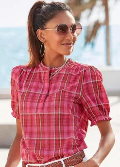 Vivance Short Sleeve Checked Blouse